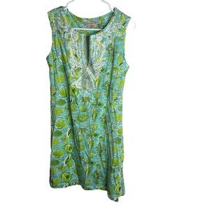 Barbara Gerwit Vintage Dress Womens M Blue Green Sea Shell Embroidered Shift